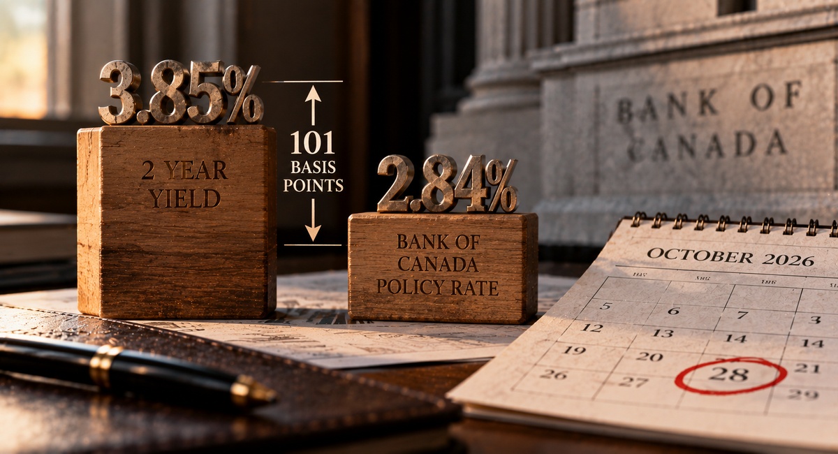 The 2-Year Yield Sits 101 Basis Points Above the Bank of Canada Policy Rate, and October 28 Is Now a Live Meeting